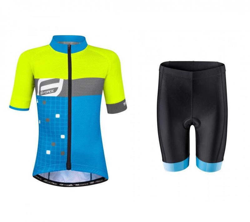 Force KID SQUARE fluo-modrý dres + Force KID VICTORY modré cyklokraťasy FORCE